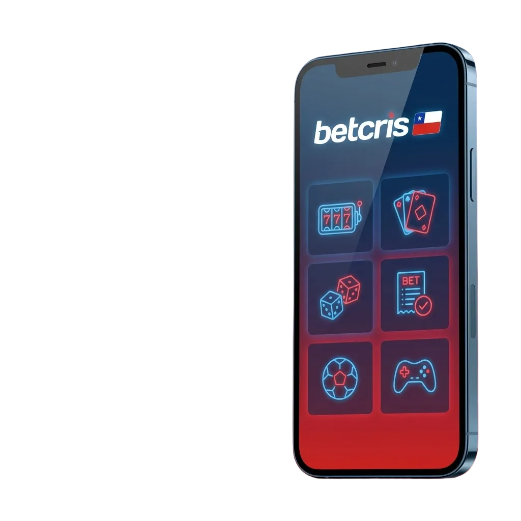 Pantalla de la app Betcris en un teléfono Android, mostrando opciones de apuestas deportivas, casino y pagos locales en Chile