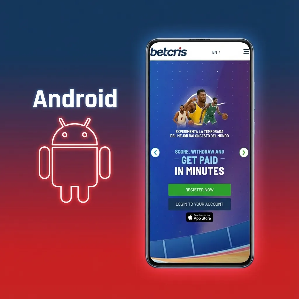 Ilustración de la app Betcris en un smartphone Android con iconos de descarga e instalación paso a paso