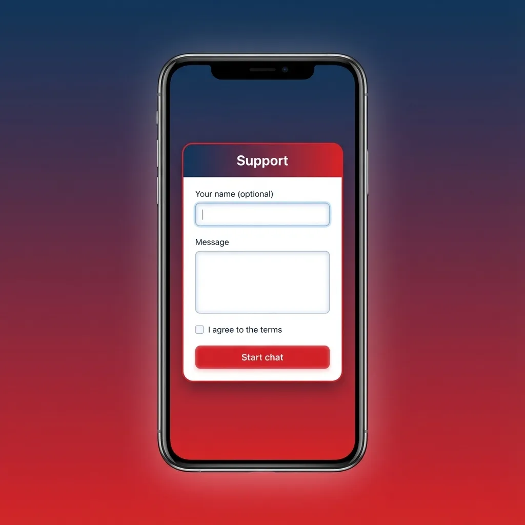 Ilustración de la app Betcris en iPhone mostrando iconos de chat, correo y ayuda para atención al cliente en línea