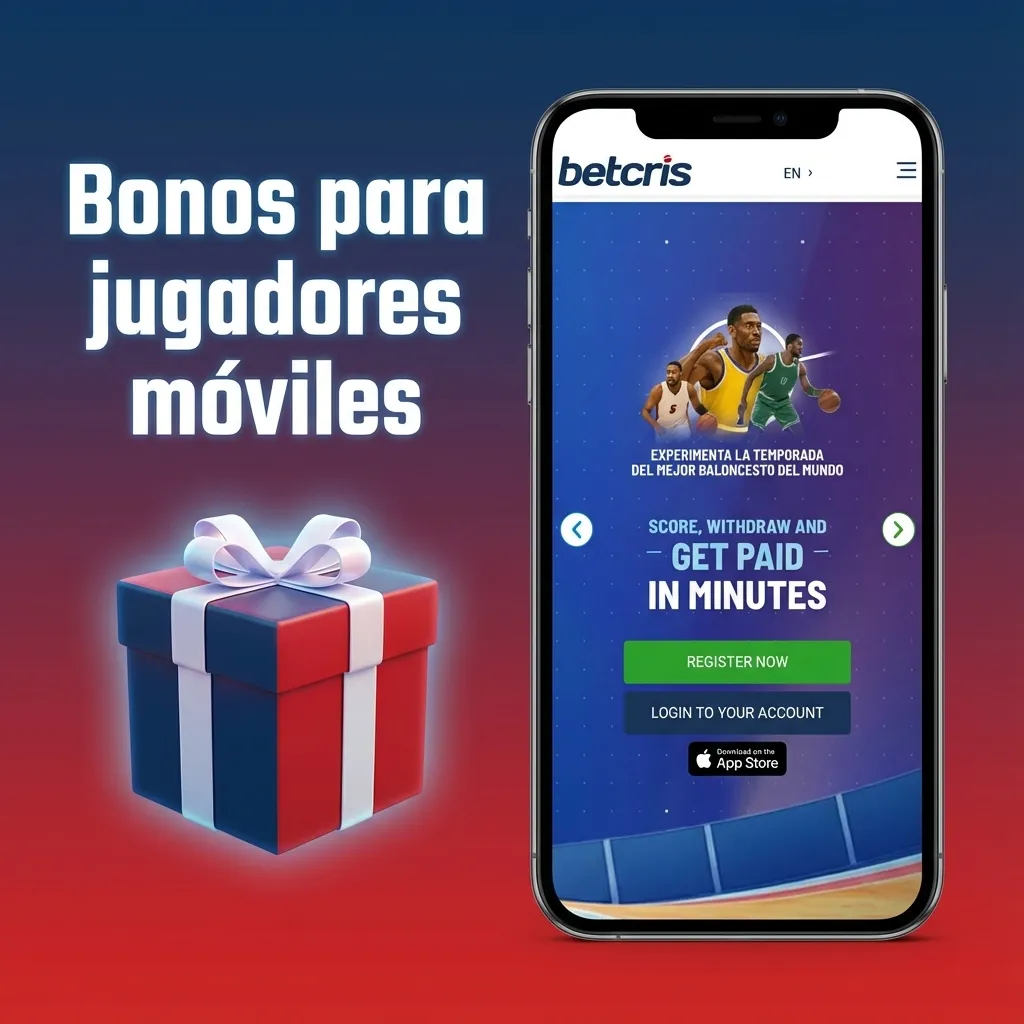 Ilustración de un móvil con la app Betcris Chile mostrando bonos y promociones para apuestas deportivas y casino