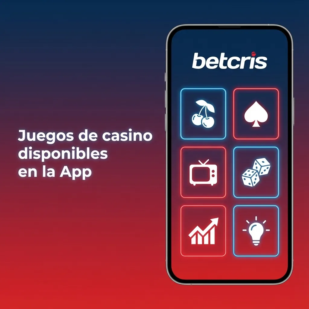 Pantalla de app Betcris mostrando tragamonedas, ruleta, blackjack y casino en vivo, con botones para cambiar de deportes a casino