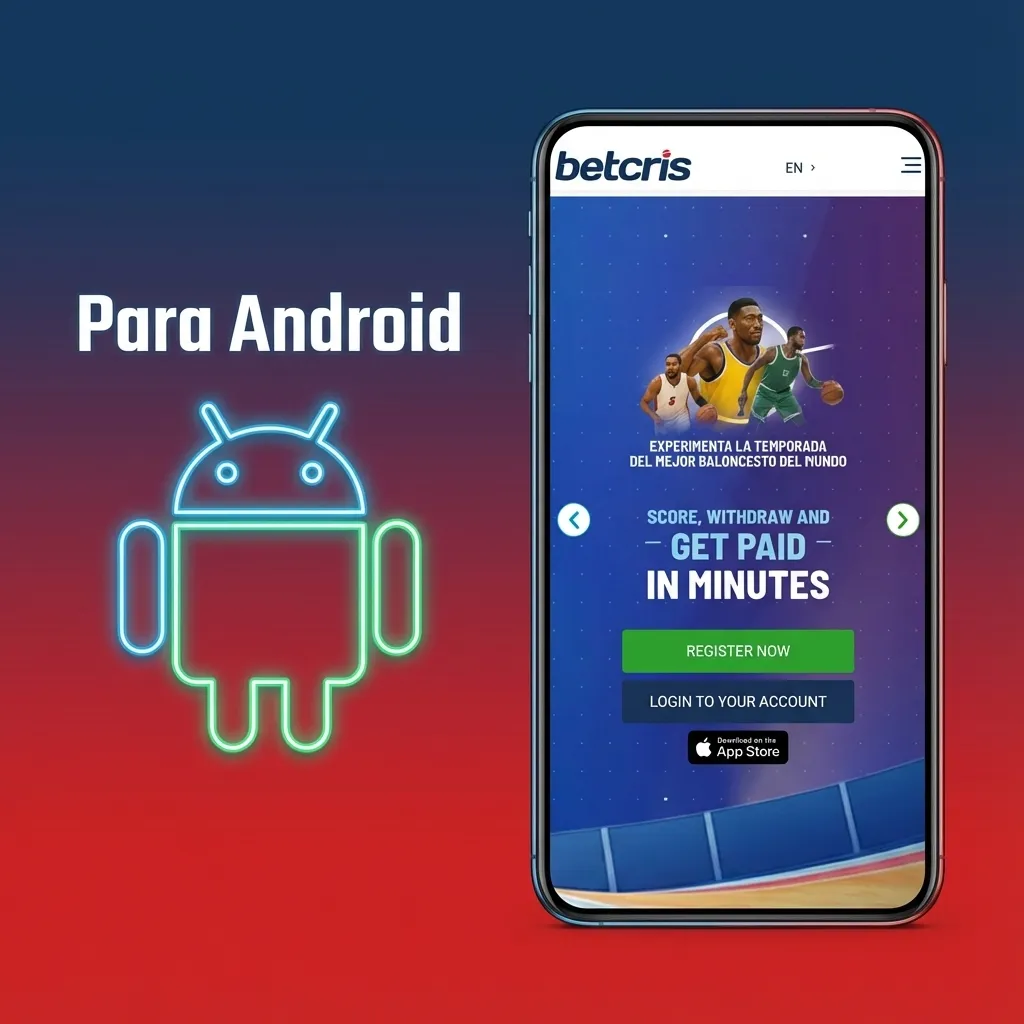 Ilustración de un teléfono Android mostrando la app Betcris y pasos para descargar e instalar el archivo APK desde el sitio oficial