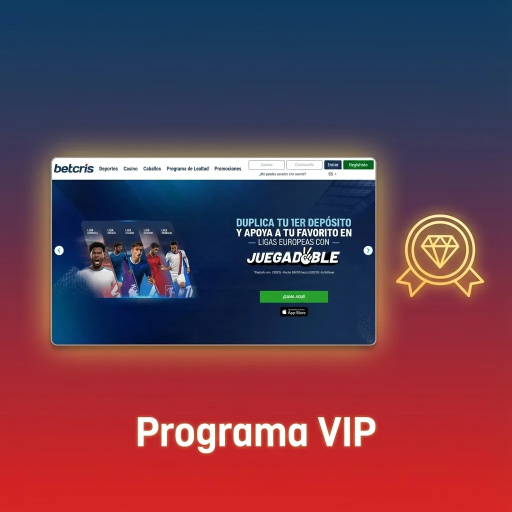 Banner de “Programa VIP” de Betcris Chile, mostrando jugadores ganando puntos y beneficios por fidelidad y juego responsable.