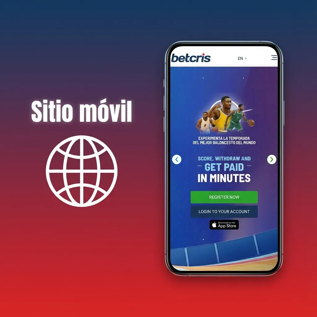 Pantalla de celular mostrando el sitio móvil de Betcris con cuotas, menú simple y cupón de apuestas accesible con un toque