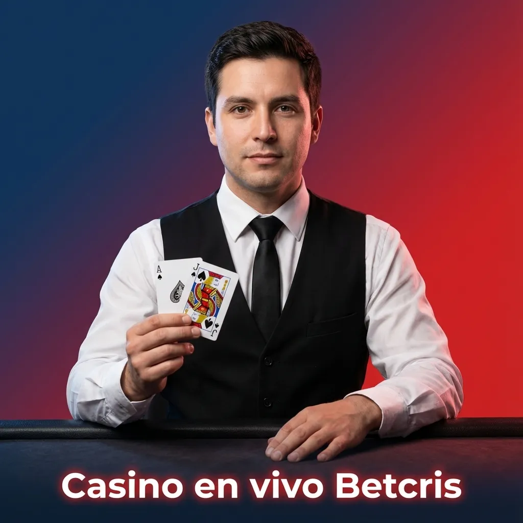 Interfaz de casino en vivo Betcris con crupieres en video y mesas de ruleta, blackjack, baccarat y game shows.