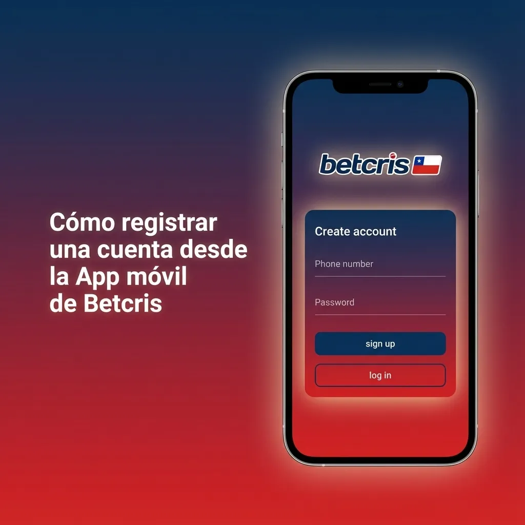 Pantalla de un iPhone con la app Betcris abierta mostrando formulario de registro de nueva cuenta en Chile