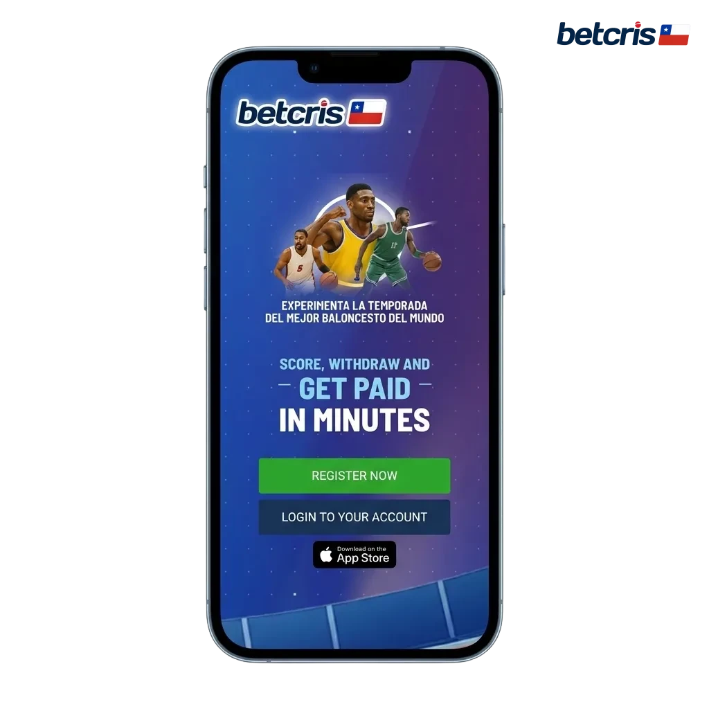 Pantalla promocional de la app Betcris en móvil con bono de bienvenida y métodos de pago para usuarios de Chile