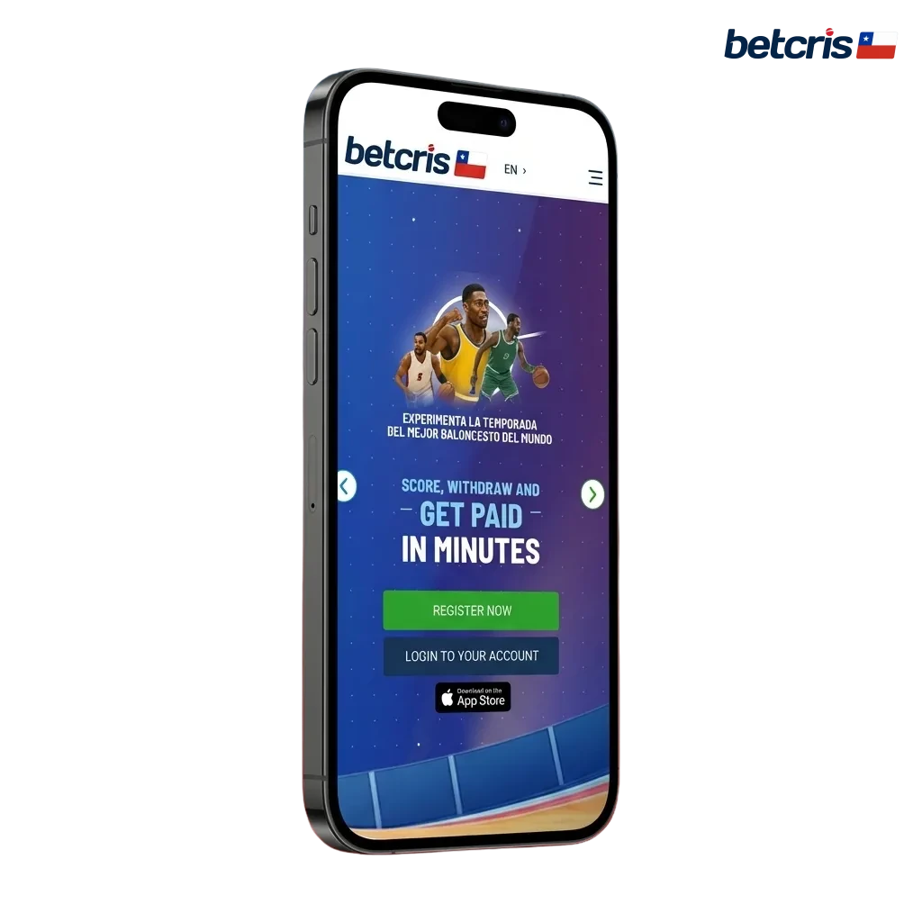Pantalla de iPhone con la app Betcris destacando apuestas deportivas, casino y bono de bienvenida en Chile
