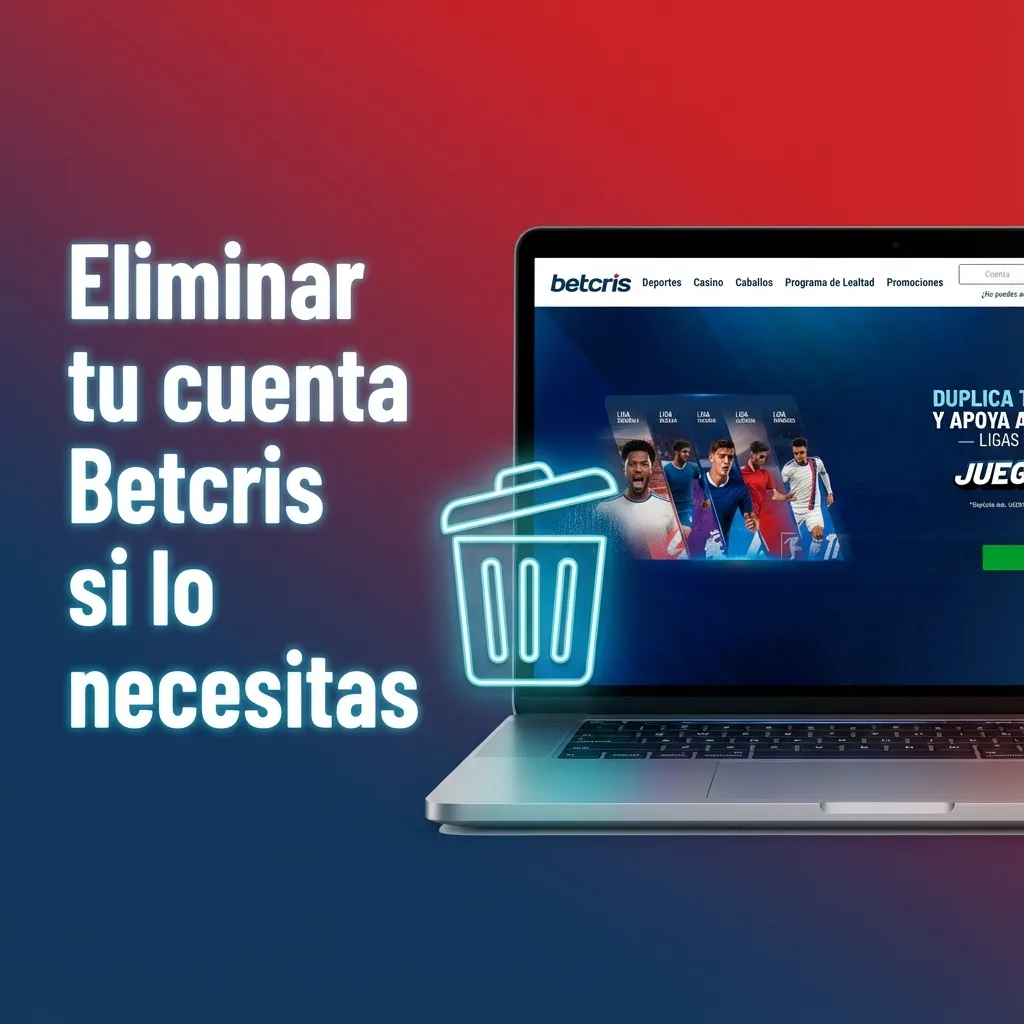 Ilustración de usuario cerrando su cuenta Betcris en línea, con pasos de retiro de saldo, contacto y confirmación de baja