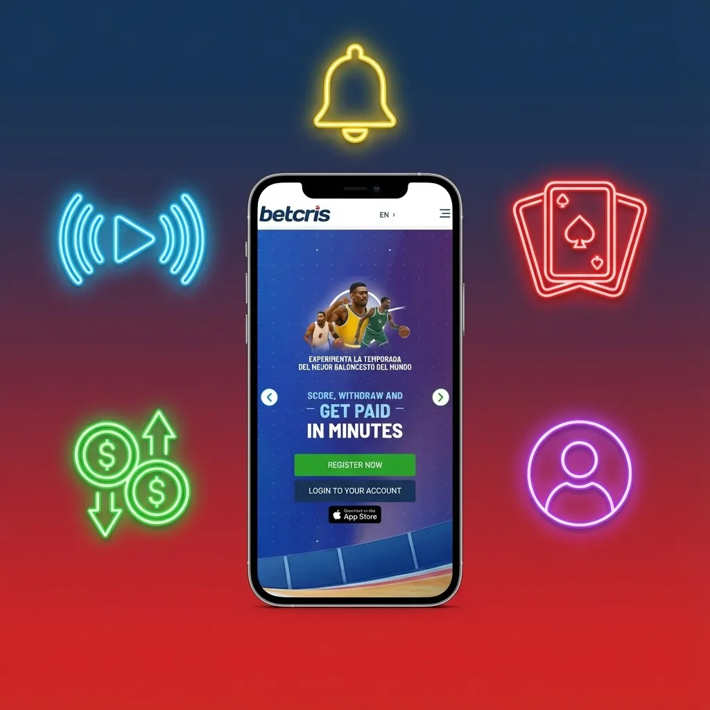 Pantallas de la app móvil Betcris Chile mostrando apuestas deportivas, casino, pagos en CLP y bono de bienvenida