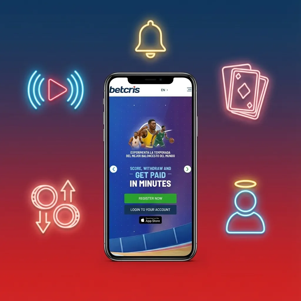 Pantallas de la app Betcris mostrando apuestas deportivas, casino, depósitos, retiros y panel de usuario en un móvil