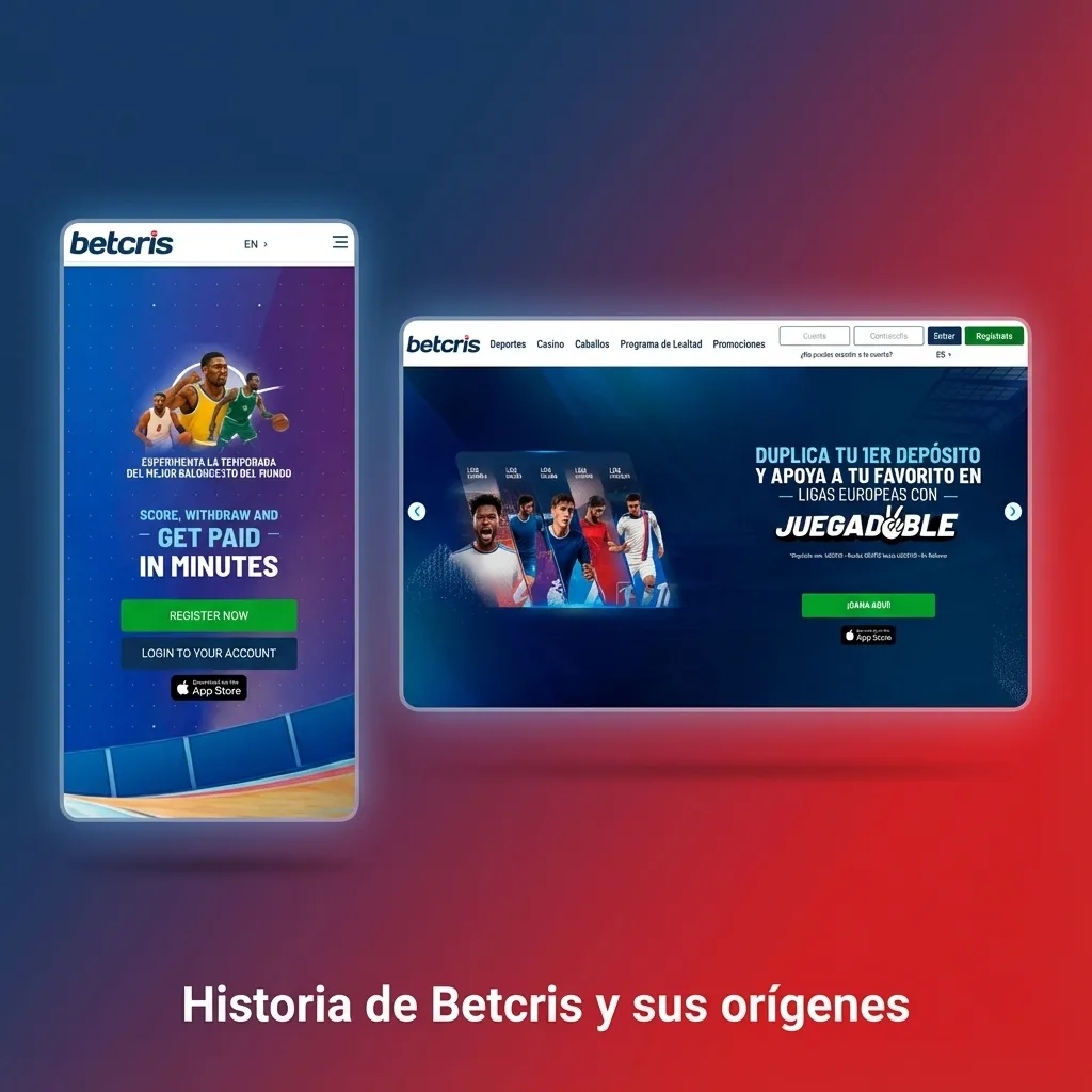 Ilustración corporativa de Betcris: origen en 1985, evolución a plataforma online y sede central en San José, Costa Rica
