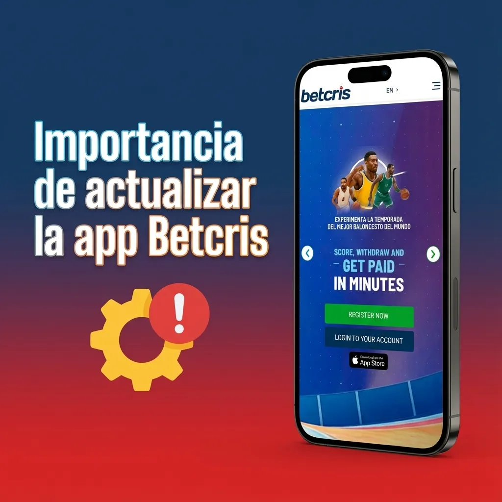 Ilustración de un móvil con la app Betcris mostrando mensaje de actualización y mejoras de seguridad y rendimiento