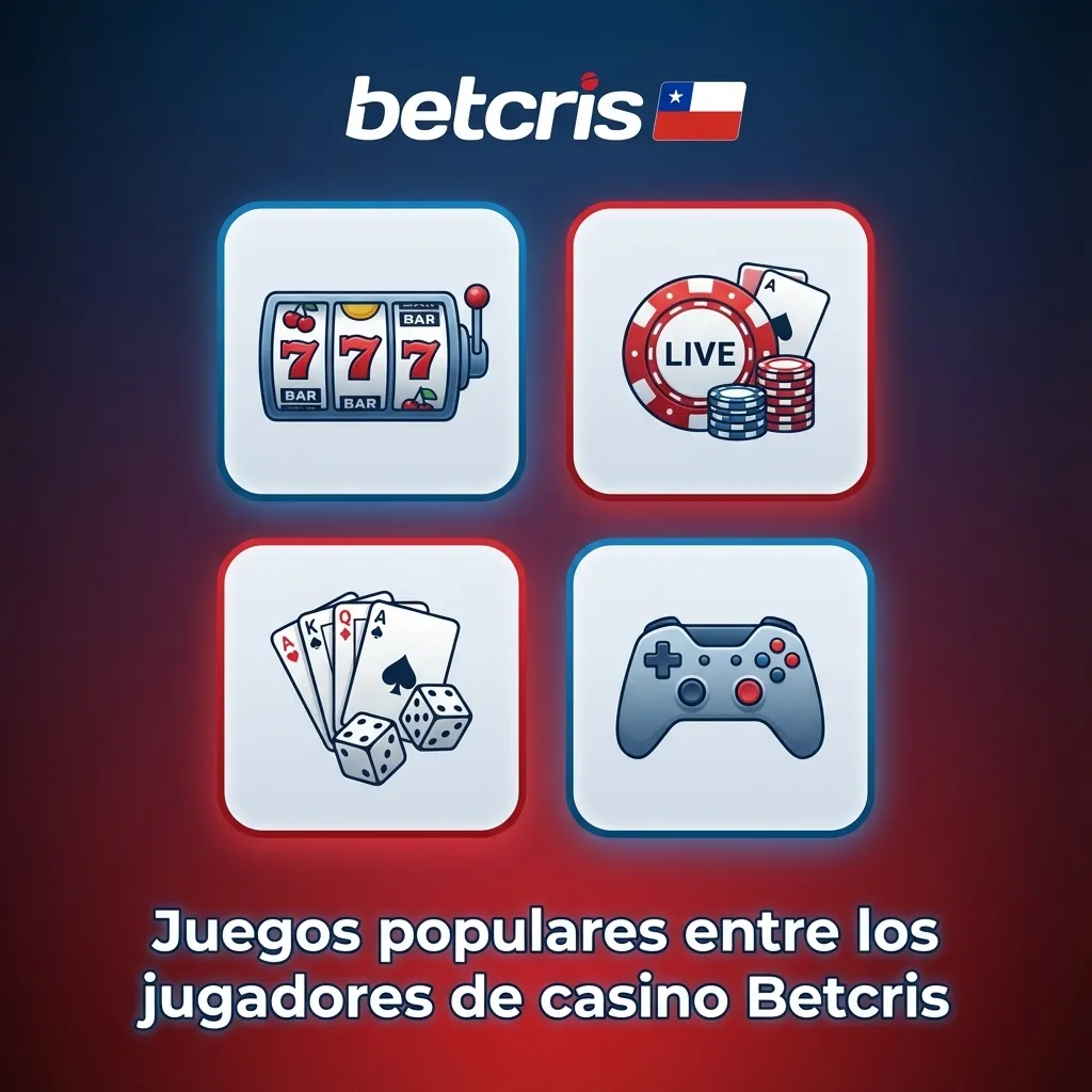 Collage de juegos de casino Betcris con slots coloridas, ruleta en vivo, blackjack y rueda de la fortuna en pantalla