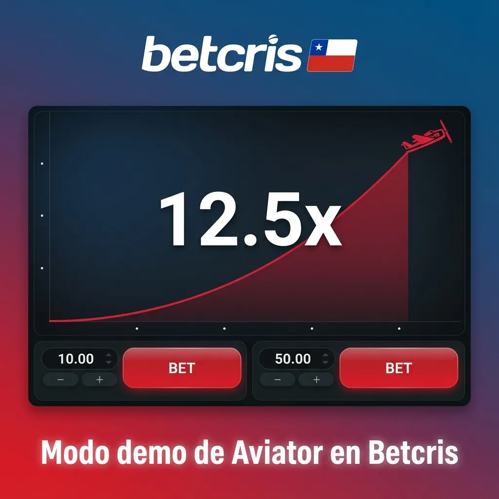 Interfaz de Aviator demo en Betcris con avión despegando, curva de multiplicador y panel de apuestas en dinero virtual