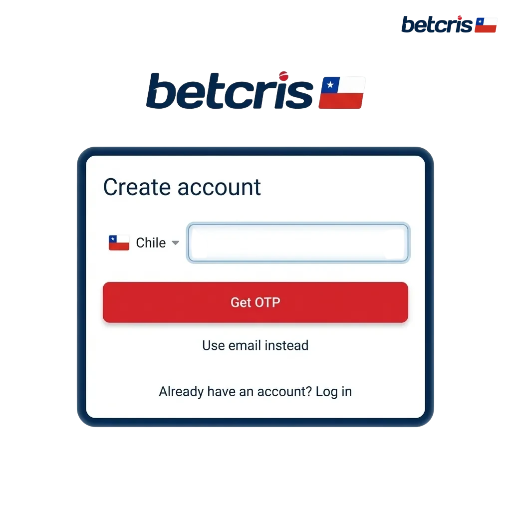 Pantalla de Betcris Chile mostrando registro, inicio de sesión y verificación para apuestas, casino y bono de bienvenida