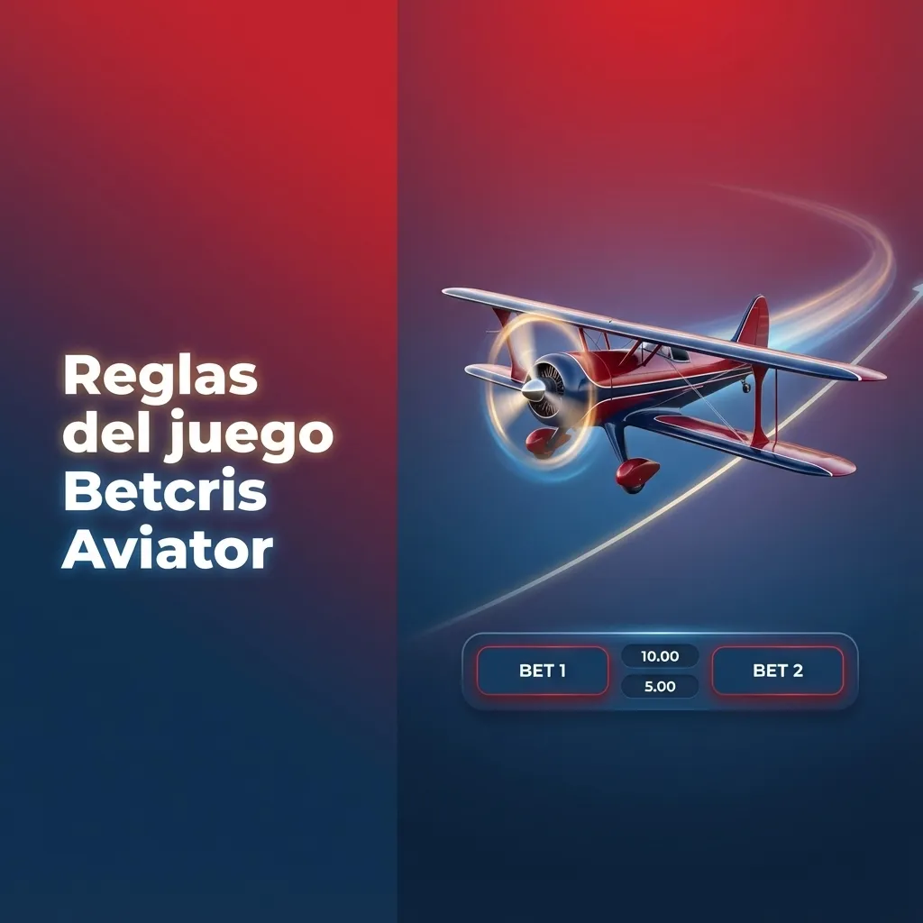 Infografía en español con reglas del juego Aviator de Betcris y un avión despegando con multiplicador creciente.
