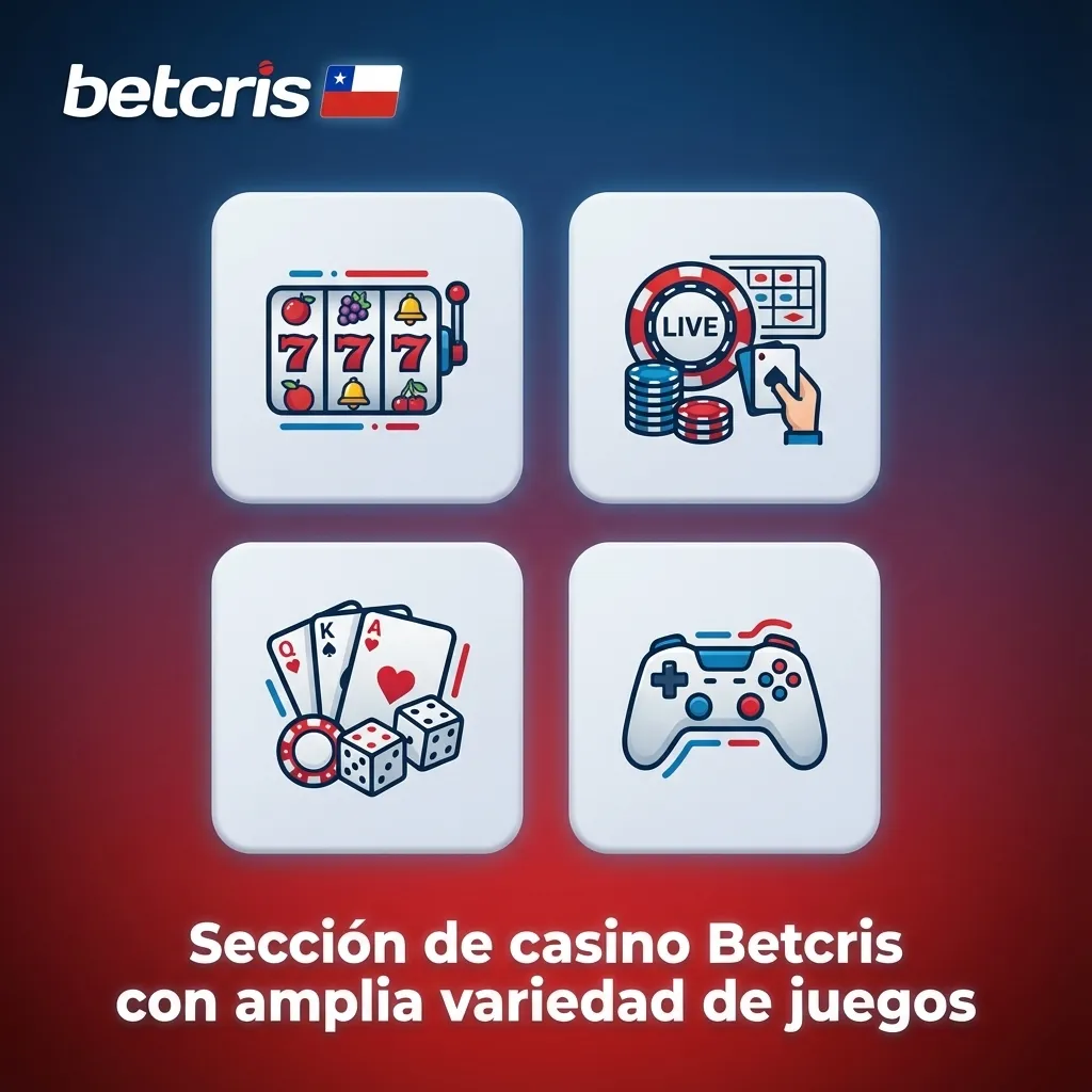 Interfaz del casino Betcris con lobby mostrando tragamonedas, ruleta, blackjack y casino en vivo con filtros de búsqueda