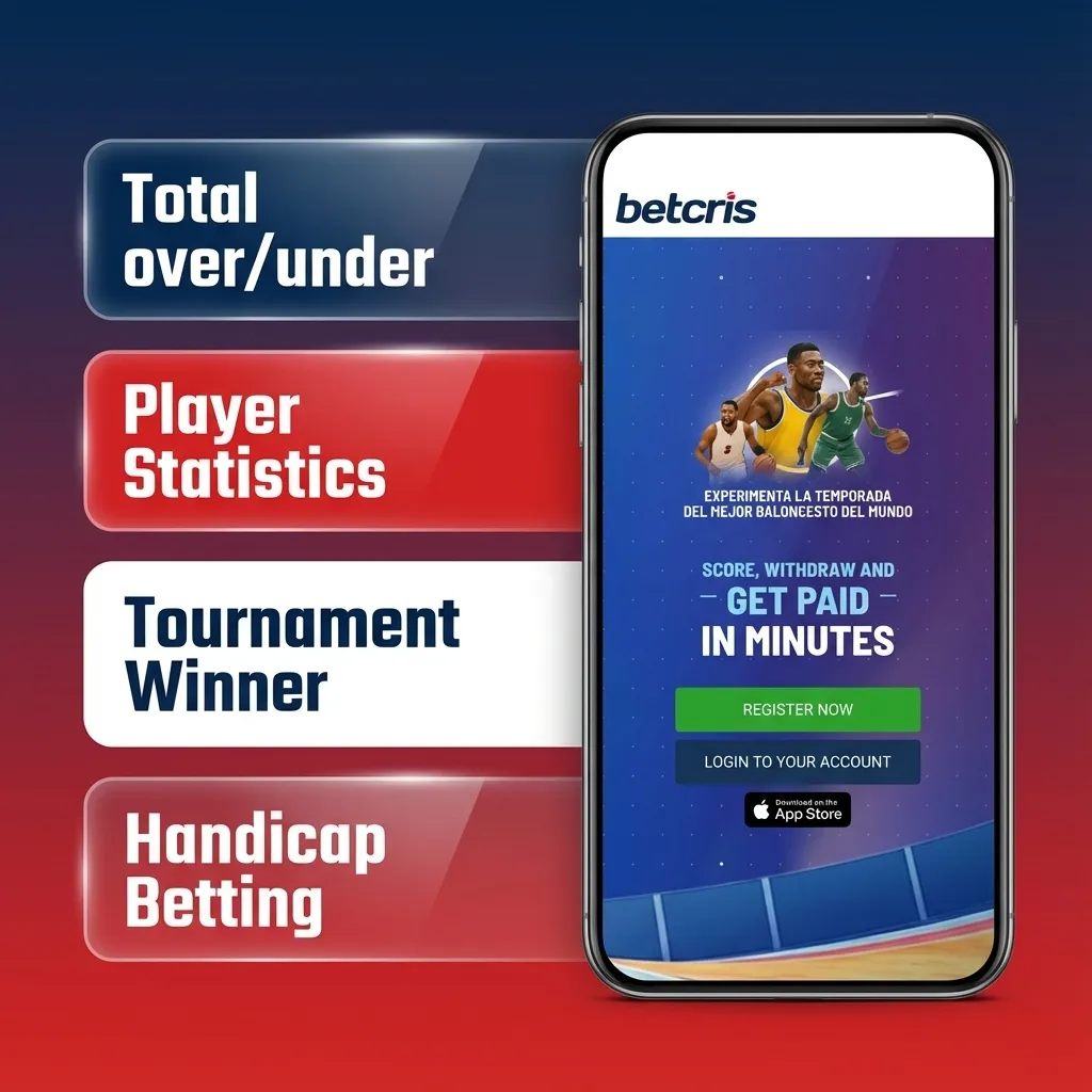 Pantalla de la app Betcris iOS mostrando distintos tipos de apuestas: simple, combinada, sistema, en vivo y hándicap